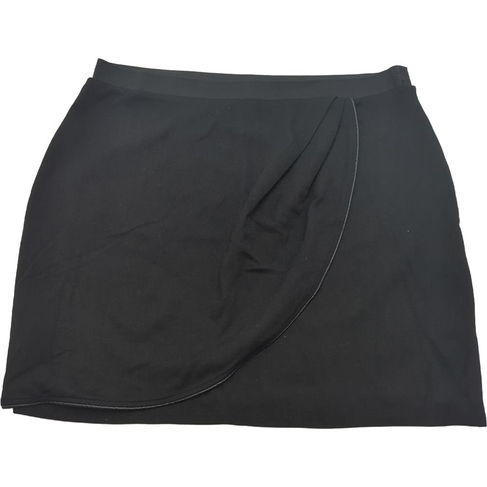 Mark. Black Faux Wrap Mini Skirt Size L Curved Hem Stretch Knit F3534561